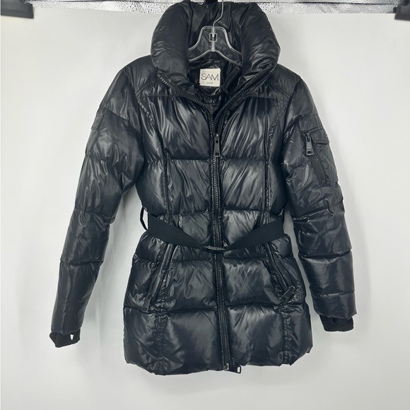 SAM. Belted Black Puffer Coat Goose Down Womens 16 - Picture 1 of 14